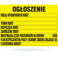 Tablica informac budowlana BIOZ 50x70cm OGŁOSZENIE